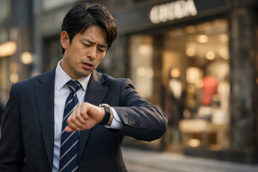 ロレックスマラソンが時間の無駄ではないかと感じて時計を見る日本人男性