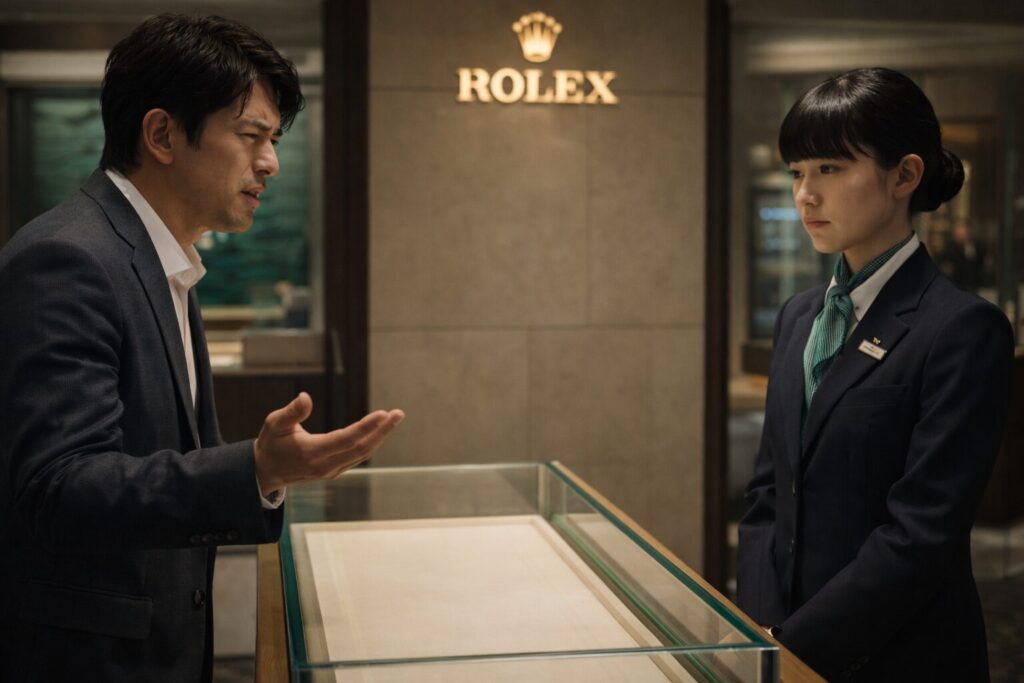 ロレックス店内のカウンターで店員の冷たい態度にムカついている日本人男性客