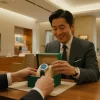 高級ブティックのVIPサロンで、日本人男性客がスタッフから青文字盤のロイヤルオークを提案されている様子。正規店での定価購入成功をイメージさせる、ラグジュアリーな写真。