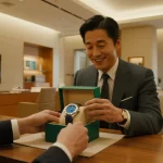 高級ブティックのVIPサロンで、日本人男性客がスタッフから青文字盤のロイヤルオークを提案されている様子。正規店での定価購入成功をイメージさせる、ラグジュアリーな写真。