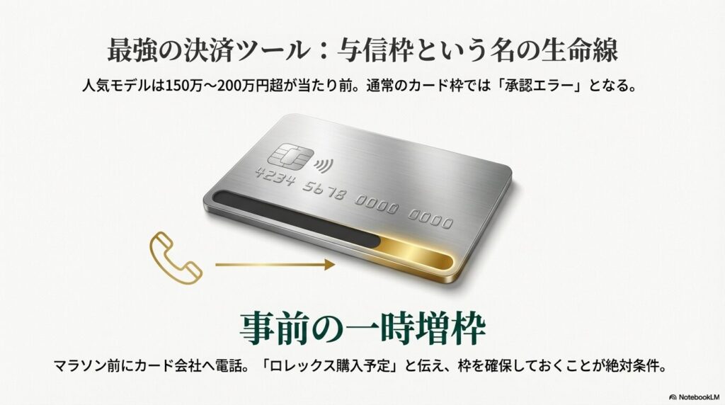 ロレックス購入時の承認エラーを防ぐため、クレジットカード会社へ事前に一時増枠を申請する手順のイメージ