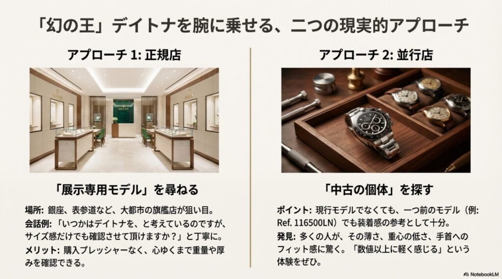 ロレックス デイトナを試着するための正規店と並行店のアプローチ