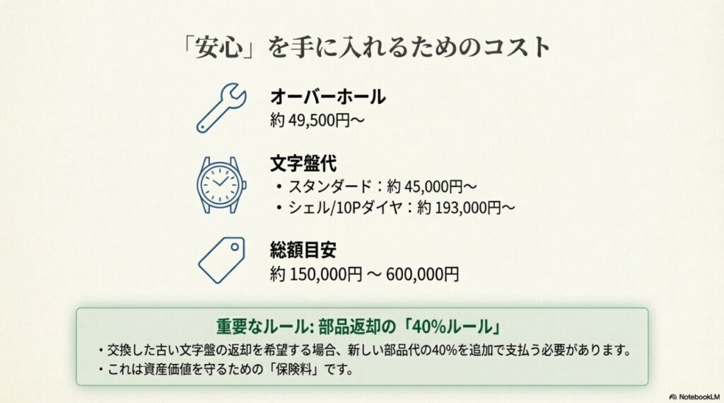 ロレックス 文字盤交換 費用 価格表 40パーセントルール 返却