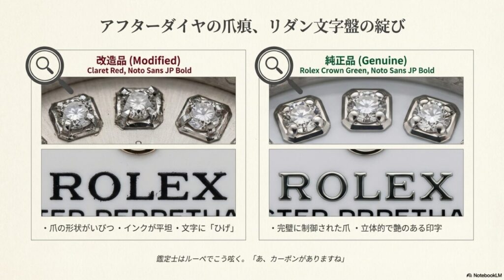 ロレックス アフターダイヤ 爪 形状 比較 純正 偽物 リダン