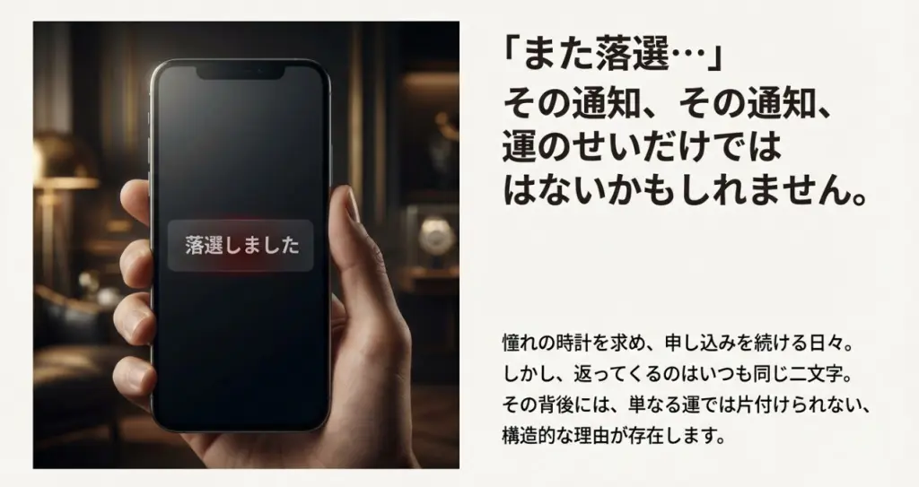 スマホに表示されたロレックス抽選の落選通知画面と心理的負担