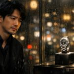 ロレックスの抽選に当たらず、夜の正規店のショーウィンドウ越しにデイトナを憧れの眼差しで見つめる日本人男性。2025年の購入難易度と在庫不足を象徴するイメージ。