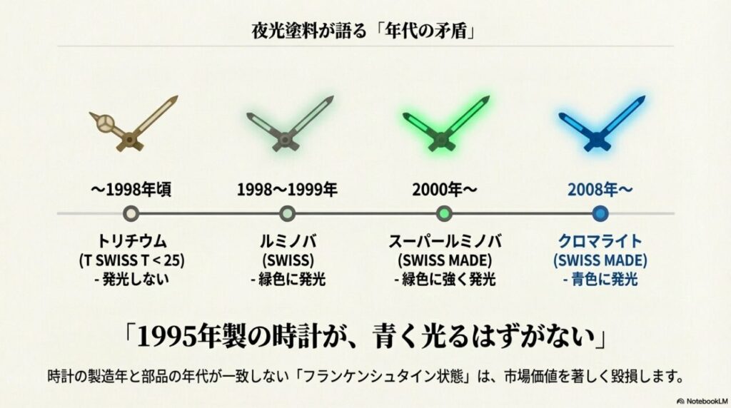 ロレックス 夜光塗料 年代 トリチウム ルミノバ クロマライト 違い