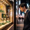 高級時計店の前で冷静に戦略を練る日本人男性。ロレックスマラソンで毎日通うことのリスクを避け、賢く立ち回るための攻略法を象徴するイメージ。