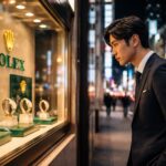 高級時計店の前で冷静に戦略を練る日本人男性。ロレックスマラソンで毎日通うことのリスクを避け、賢く立ち回るための攻略法を象徴するイメージ。