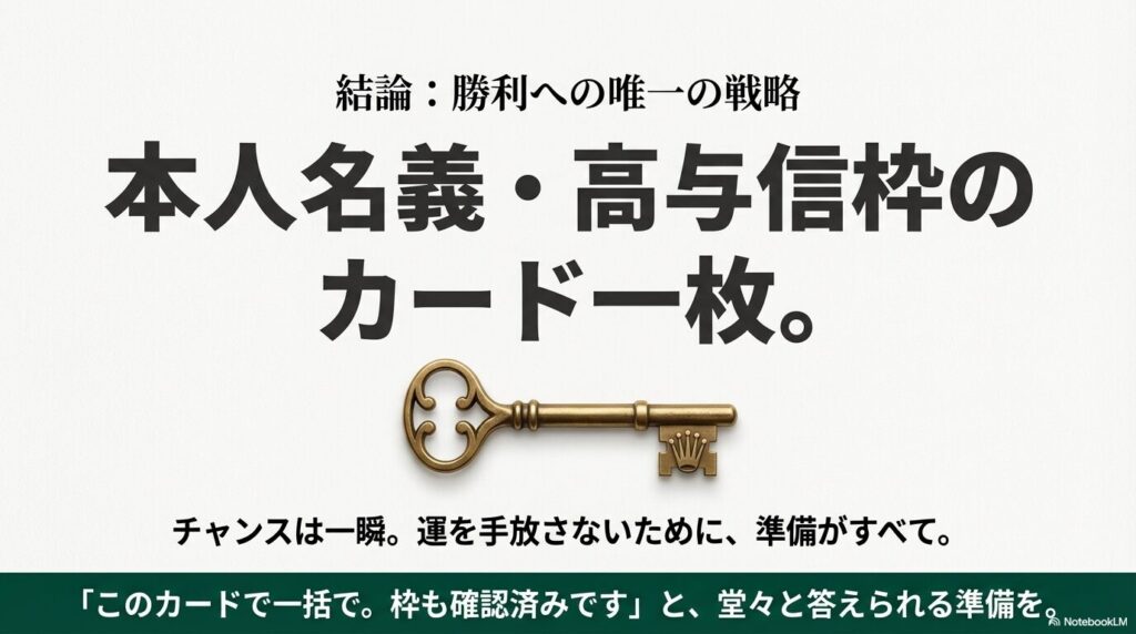 本人名義の高与信枠カード一枚を用意することが、ロレックス購入成功への鍵であることを示すイメージ