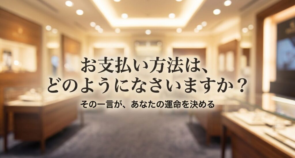正規店員から「お支払い方法はどのようになさいますか？」と聞かれる在庫案内の瞬間を描いたスライド