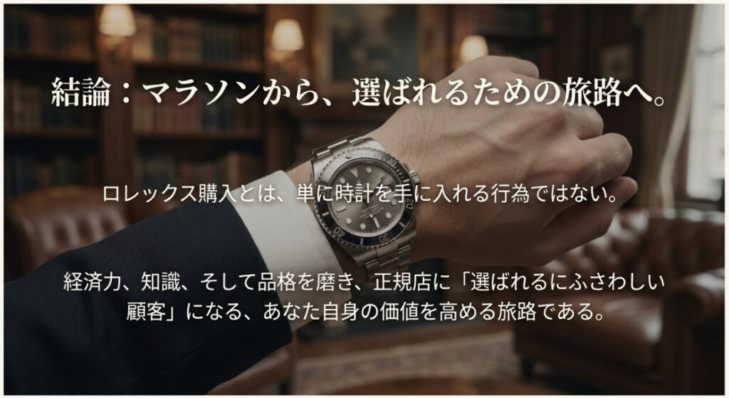 ロレックス購入を単なる入手ではなく、自分自身の価値を高める旅路と定義するメッセージスライド