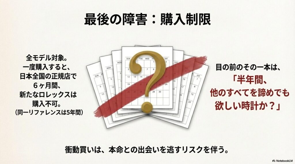 全モデル対象で6ヶ月間、同一モデルは5年間購入不可となるロレックスの購入制限期間を示すカレンダー