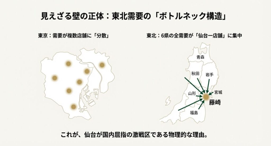 東北6県のロレックス需要が仙台藤崎1店舗に集中するボトルネック構造の地図