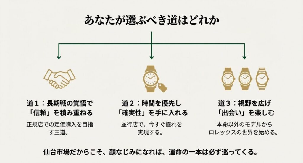 仙台市場でロレックスを入手するための3つの戦略的選択肢とロードマップ
