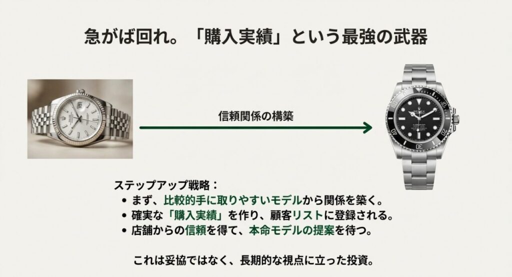 オイスターパーペチュアルなど購入実績を作り本命モデルへ繋げるステップアップ戦略