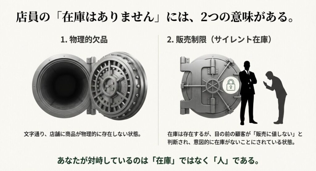 金庫のイラストで解説する、物理的欠品と販売制限（サイレント在庫）の2つの意味