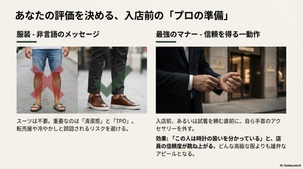 ロレックス来店時の服装OK例とNG例、アクセサリーを外す準備