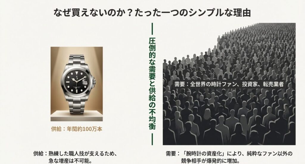ロレックスの年間生産数に対する圧倒的な需要と転売市場の過熱を示す図