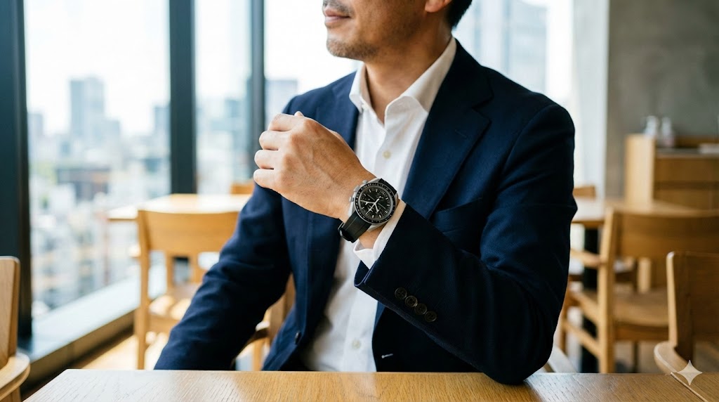 ジャケットスタイルでオメガスウォッチ「Mission to the Moon」をラバーベルトに交換して着けこなす、40代日本人男性の腕元。