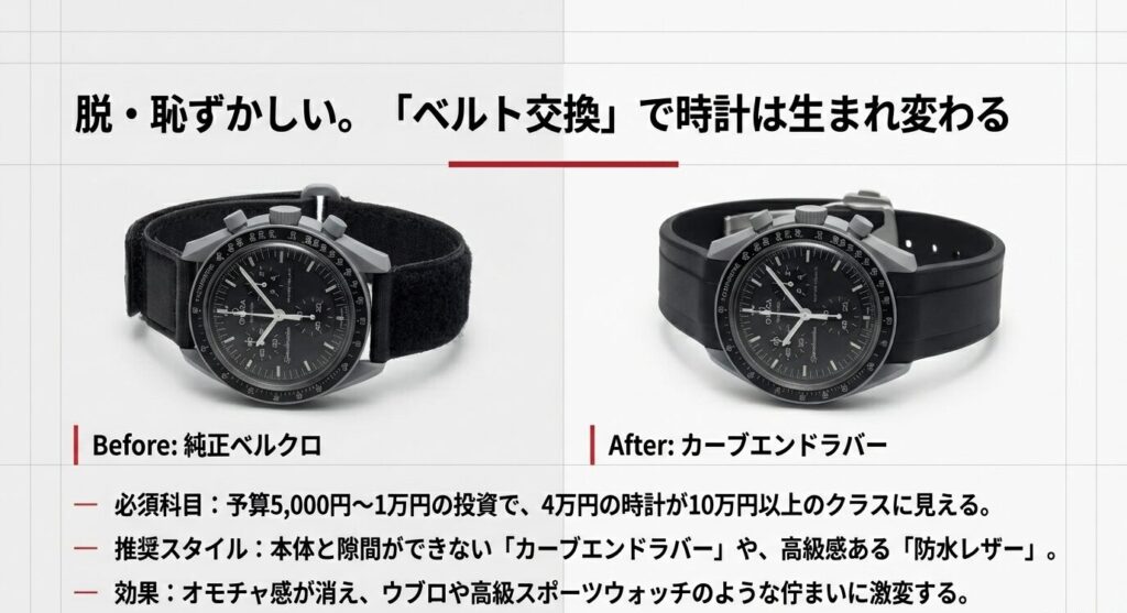 脱・恥ずかしい。ベルト交換で時計は生まれ変わる。純正ベルクロからカーブエンドラバーへの劇的ビフォーアフター