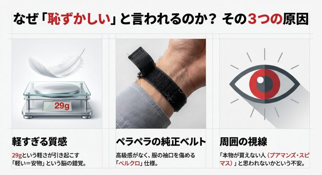 なぜ恥ずかしいと言われるのか?軽すぎる質感、ペラペラの純正ベルト、周囲の視線という3つの原因