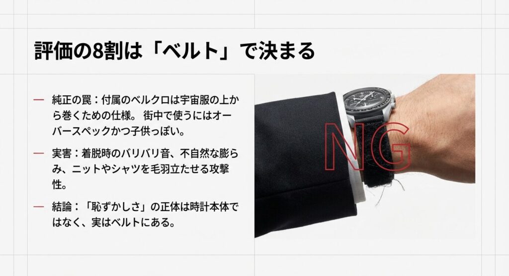 評価の8割はベルトで決まる。純正のベルクロベルトはオメガスウォッチの評価を下げるNG要因