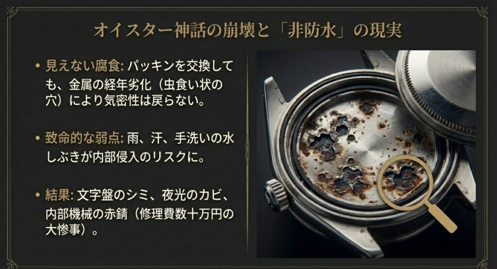 オイスターケースの経年劣化による腐食と非防水のリスク