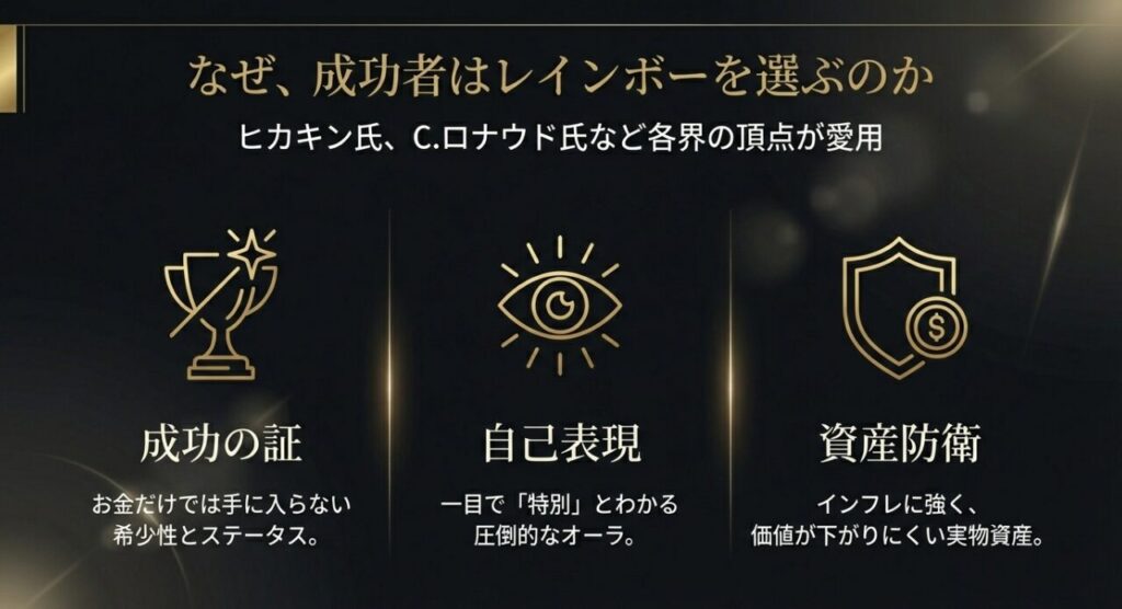 芸能人や成功者がロレックスレインボーを選ぶ3つの理由：ステータス、資産防衛、圧倒的なオーラ