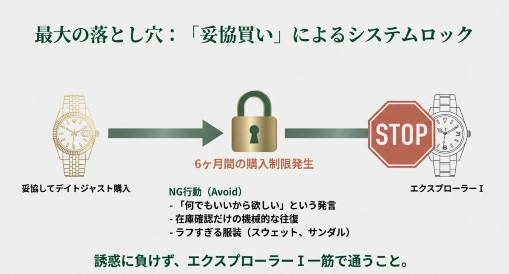 ロレックスで妥協買いをするとシステムロックがかかり本命が買えなくなる図解