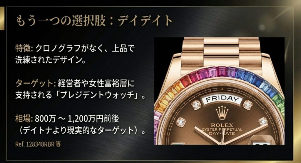 ロレックスデイデイトレインボーの特徴とデイトナとの価格比較。経営者や女性富裕層に人気のプレジデントウォッチ