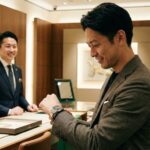 ロレックス正規店でエクスプローラーⅠを試着し、笑顔で店員と話す日本人男性。2026年の定価購入戦略記事のアイキャッチ画像。