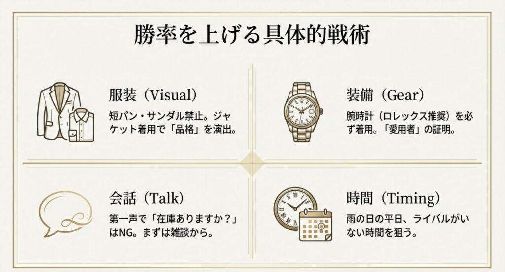 ロレックス正規店で購入確率を上げるための服装、着用時計、会話、訪問タイミングの具体的戦術。