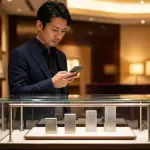 高級時計店の空のショーケース前で思案する日本人男性。2026年のロレックス新品が買えない理由、在庫確認の裏側、購入制限ルールへの対策をイメージ。