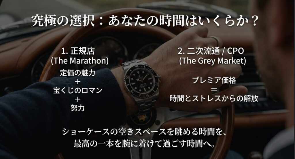 正規店での定価購入の労力と、並行輸入店（二次流通）での時間短縮メリットの比較。