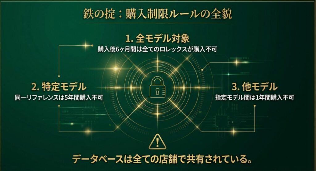 2026年版ロレックス購入制限ルールの詳細。全モデル6ヶ月制限、特定モデル5年制限、データベース共有の仕組み。