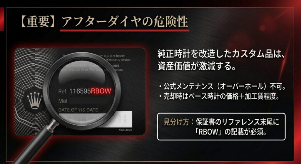 ロレックスレインボーのアフターダイヤ品のリスクと保証書のリファレンス番号RBOW表記の確認方法