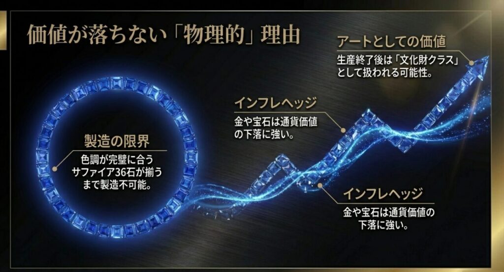 ロレックスレインボーの価値が落ちない物理的理由。36石のサファイア選定の限界、インフレヘッジ、アートとしての価値