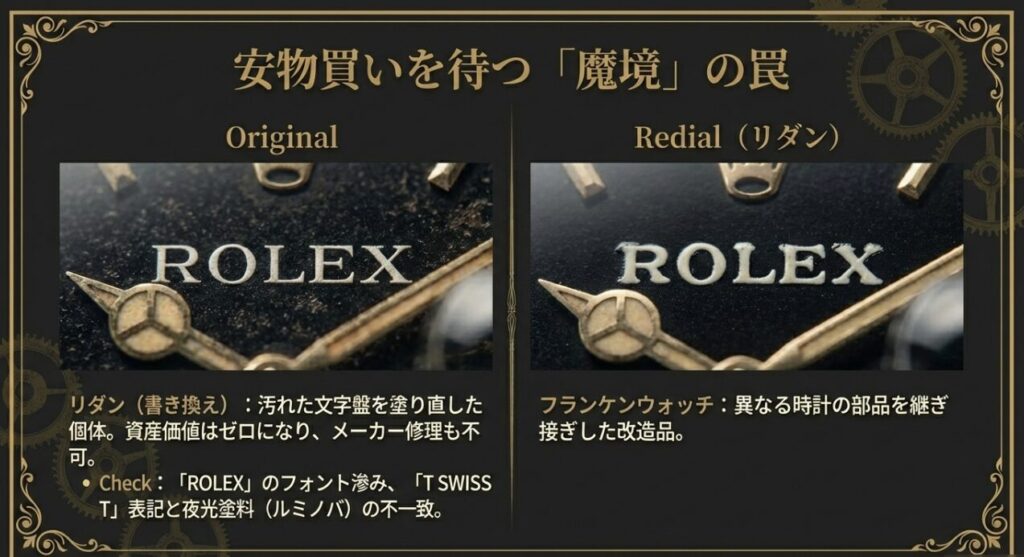 ロレックスのリダンダイヤルとフランケンウォッチの見分け方