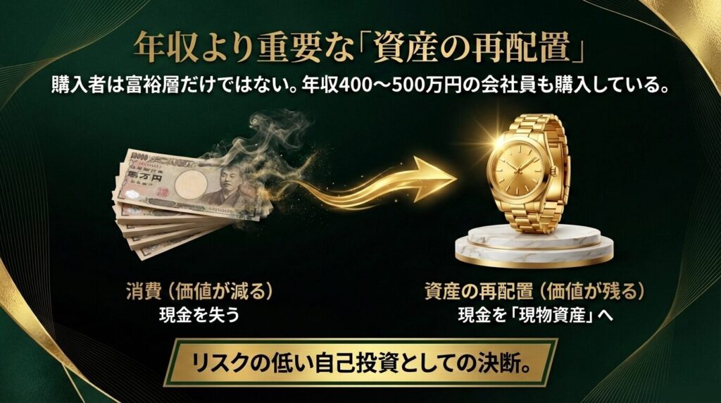 年収400万円から500万円の会社員も購入している資産の再配置の考え方を解説するスライド