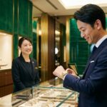 正規店で念願の高級時計を手に入れ、腕に着けて喜ぶ清潔感のある日本人男性