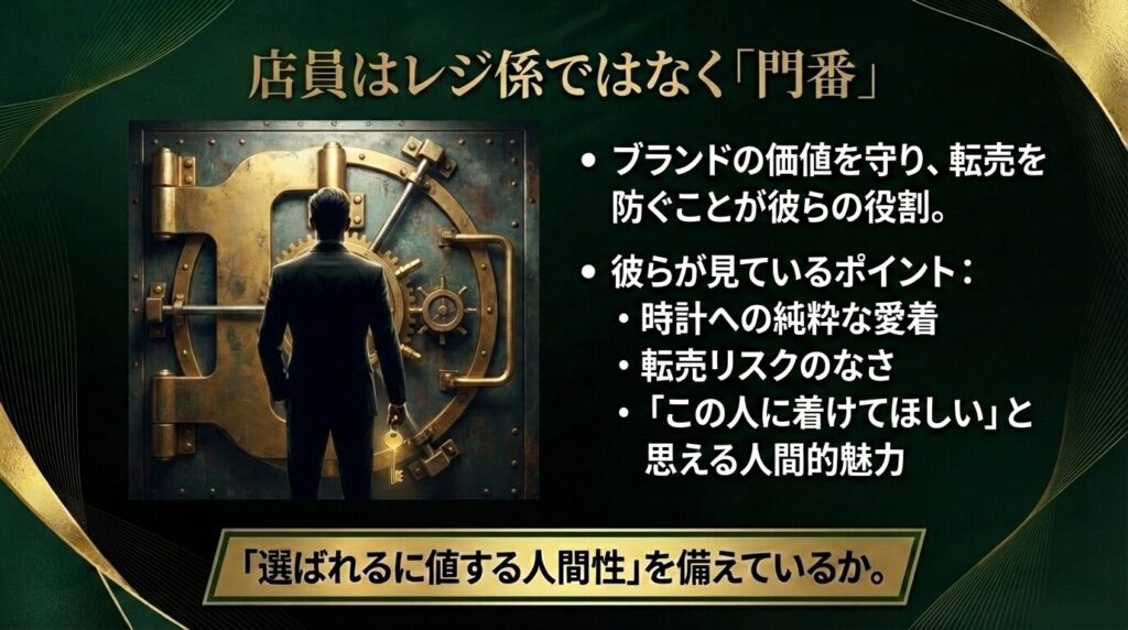ブランドの価値を守る店員が客の人間的魅力や転売リスクのなさを見極めていることを示すスライド
