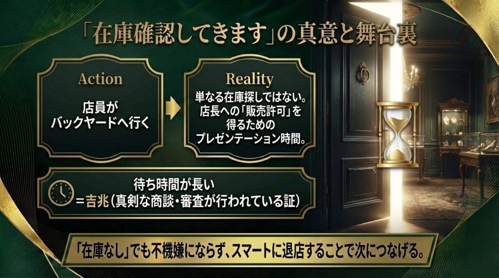 店員がバックヤードで行っているのは在庫探しではなく店長への販売許可のプレゼンであることを示すスライド