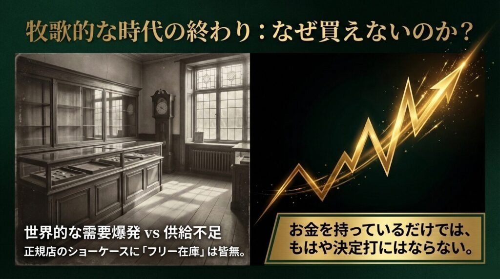 ロレックスの世界的な需要爆発と供給不足によりフリー在庫が皆無であることを示すスライド