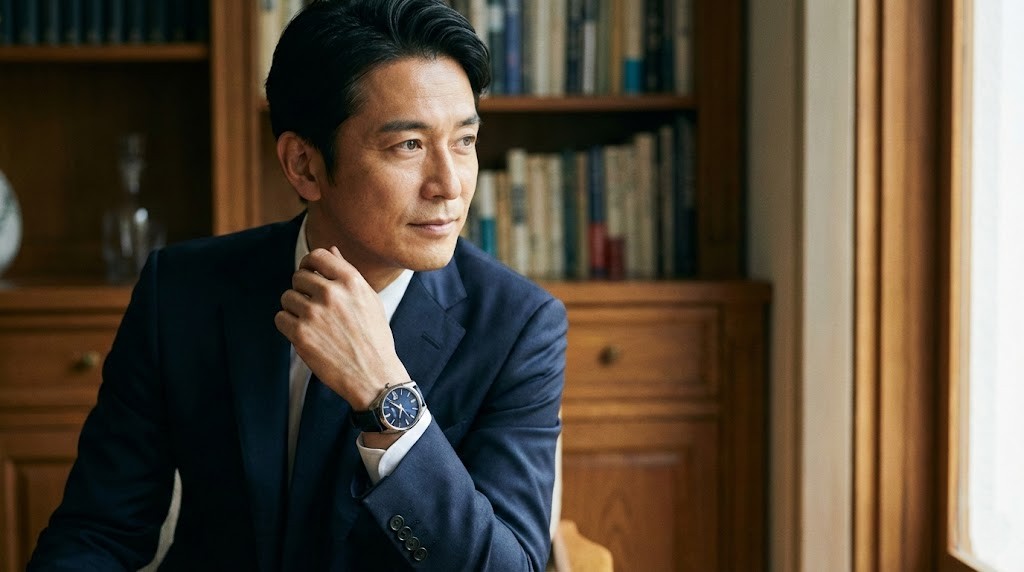 ザシチズンが恥ずかしいという噂とは無縁の、本質を知る洗練された日本人男性が和紙文字板モデルを自信を持って着用している様子。