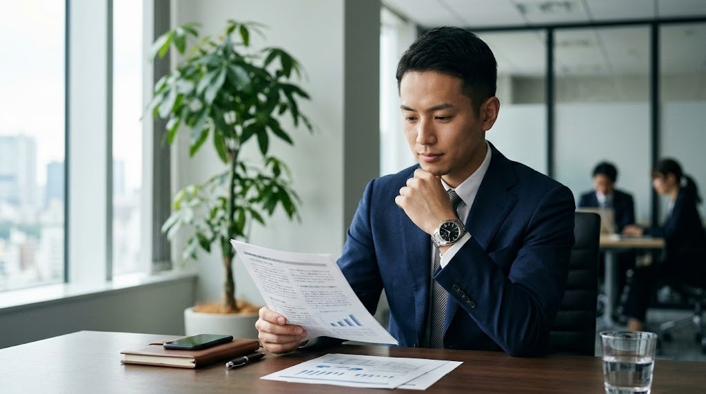 上質なネイビースーツを着た日本人男性の腕元で静かに輝く、シンプルなグランドセイコーのステンレススチール製腕時計。誠実で信頼できるビジネスシーンを演出。
