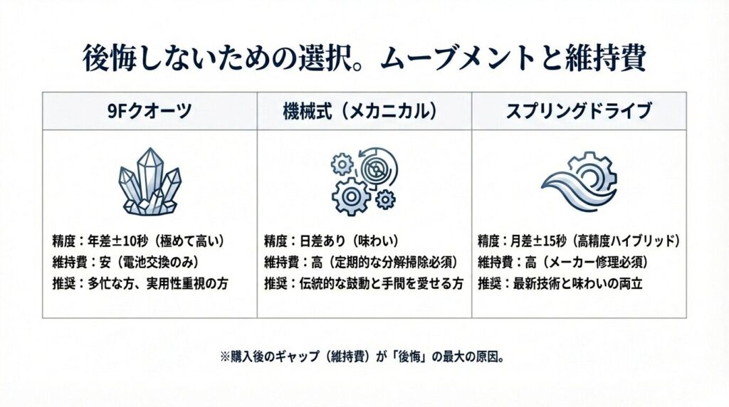 9Fクオーツ、機械式、スプリングドライブの精度と維持費から見る後悔しない選び方